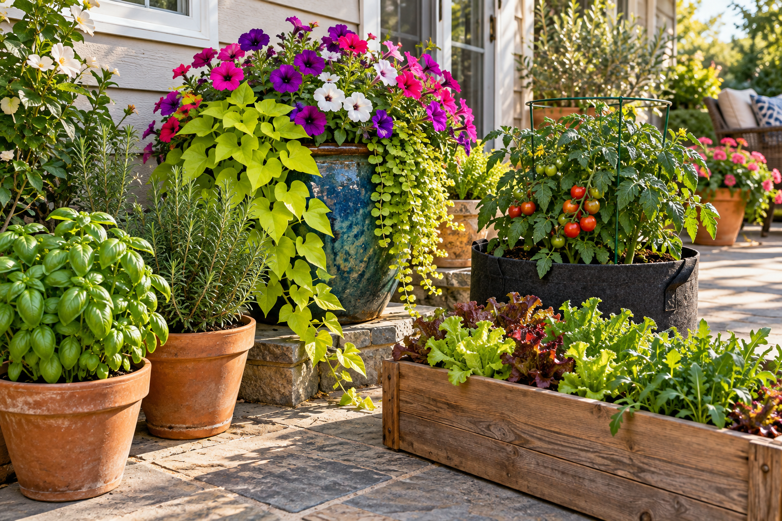 Patio container gardening display with herbs, flowers, a tomato plant, and salad greens growing in assorted pots