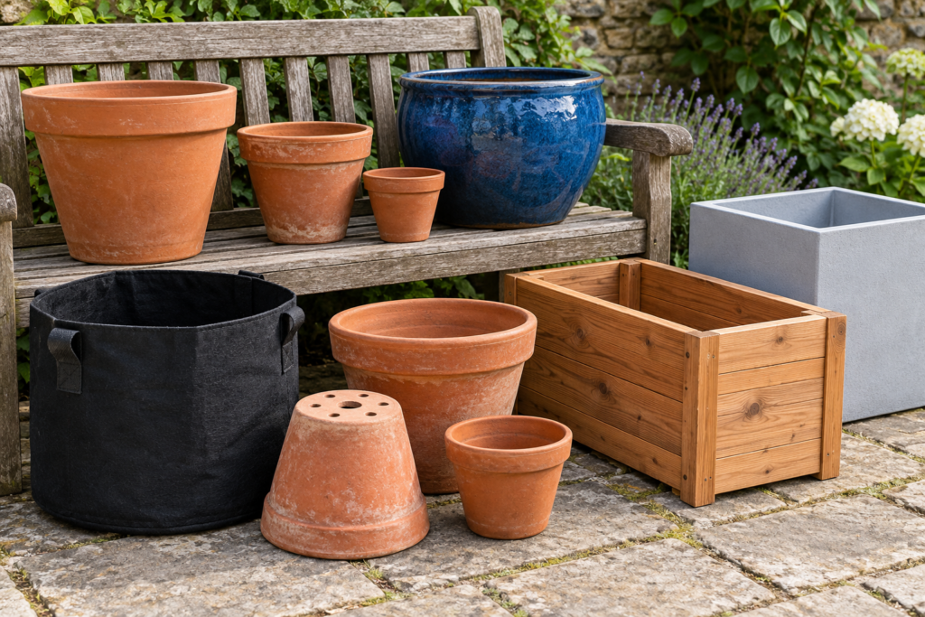 Assortment of container gardening pots including terracotta, glazed ceramic, fabric grow bag, and cedar planter