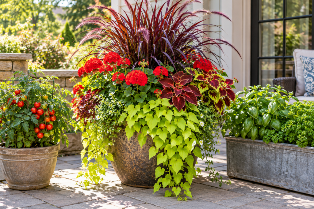 Mixed flower container with ornamental grass, geraniums, and trailing vine beside potted cherry tomatoes and herbs