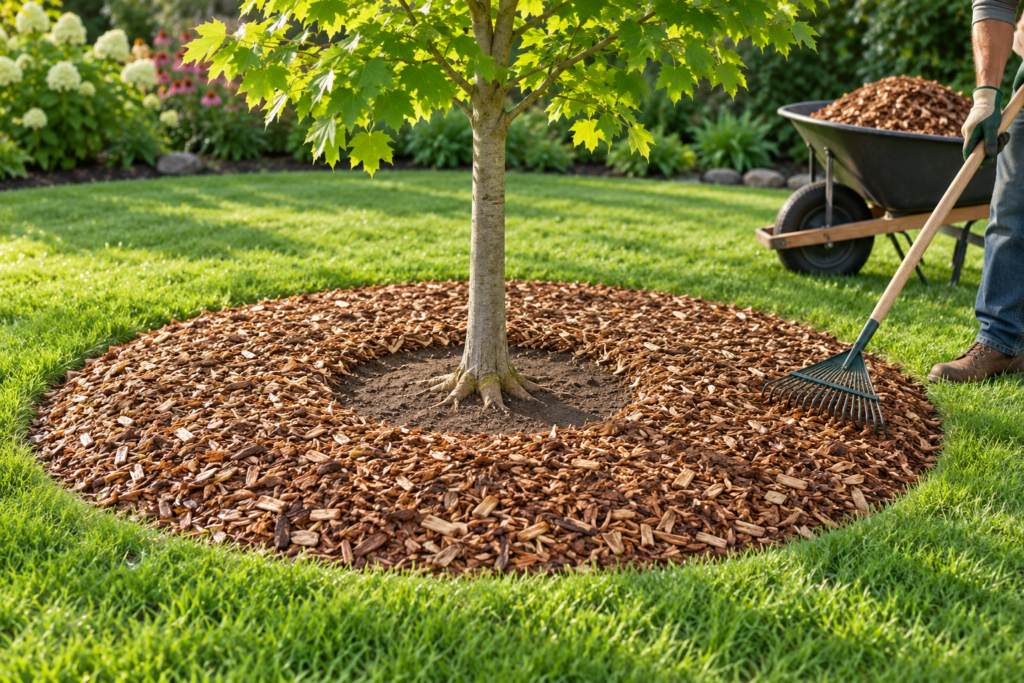 Young tree with a wide donut-shaped wood chip mulch ring kept away from the trunk