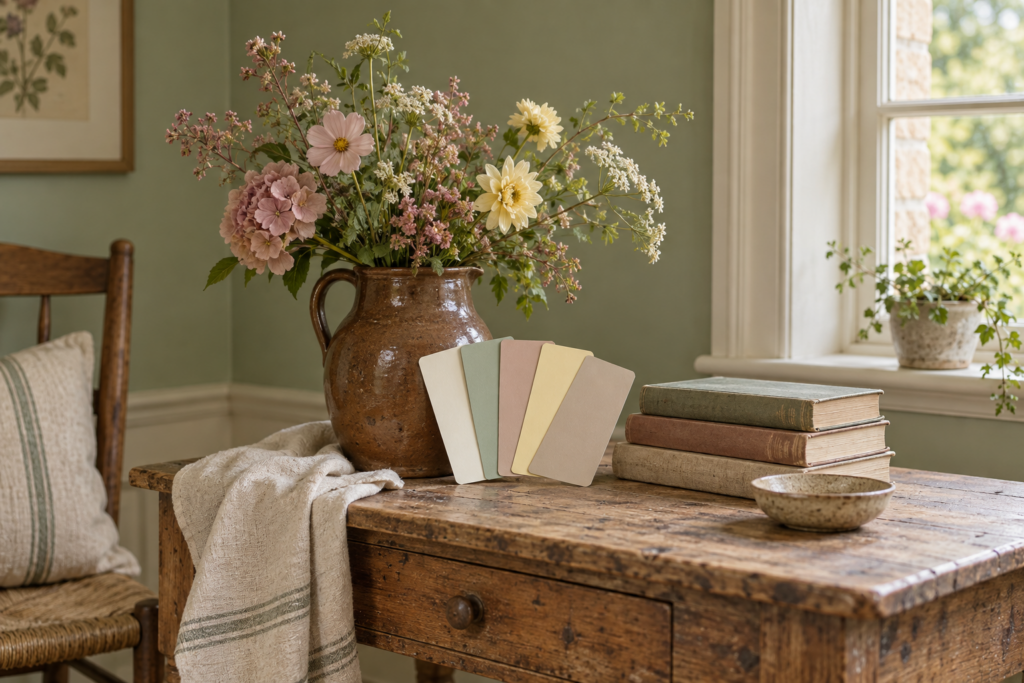 Sage green cottage wall with cream woodwork, a brown jug of garden flowers and muted paint swatches on a worn table