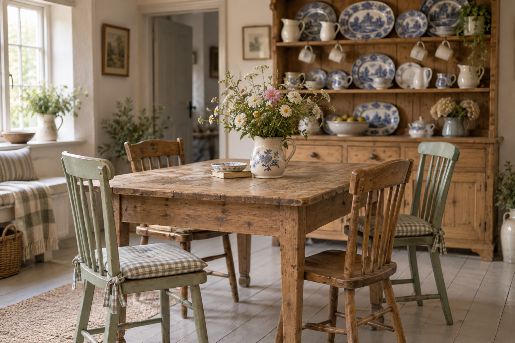 Cottage dining area with a scrubbed pine table, mismatched wooden chairs and a dresser stacked with transferware plates