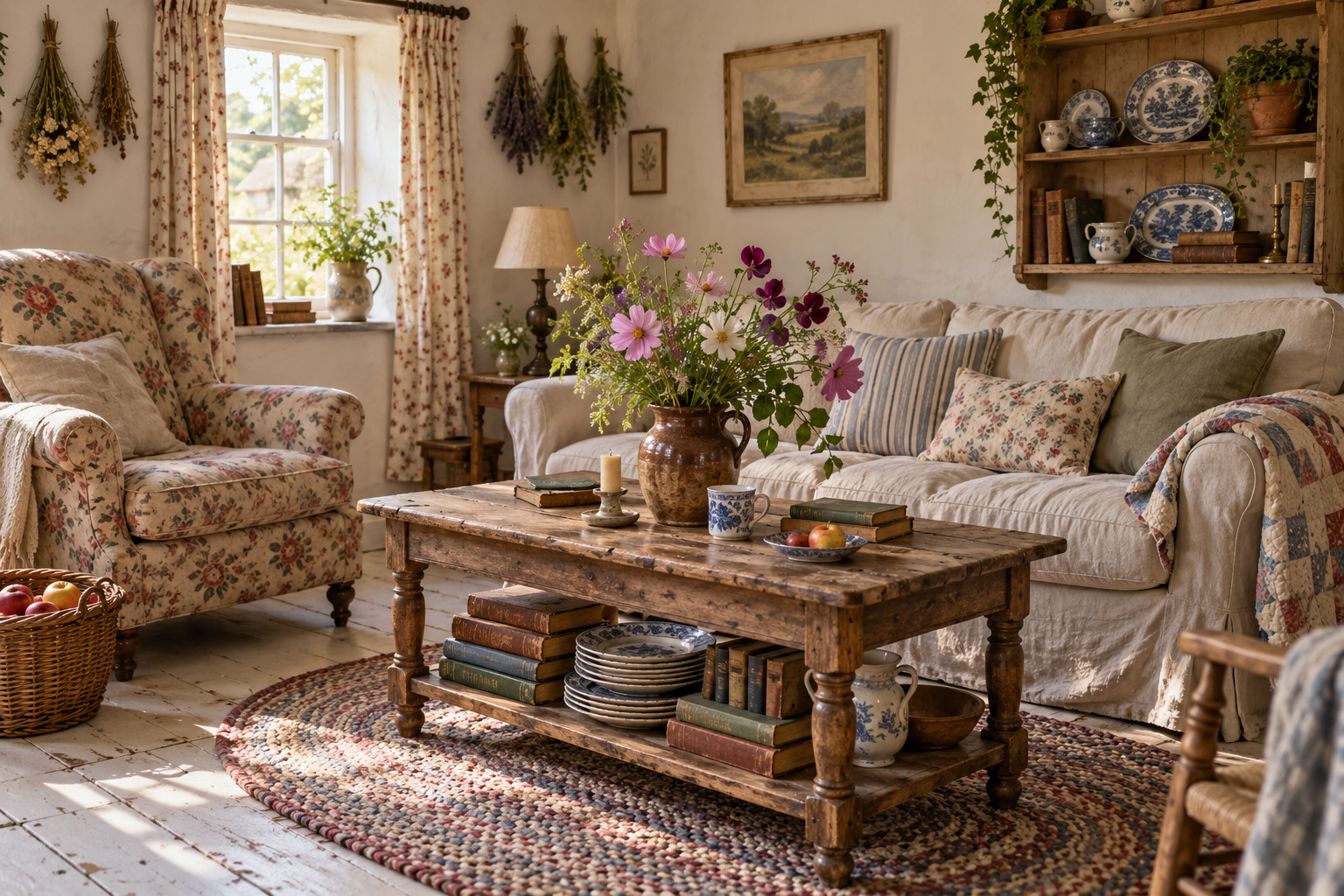 Cottagecore living room with a floral armchair, linen sofa, transferware plates on open shelves and garden flowers in a jug