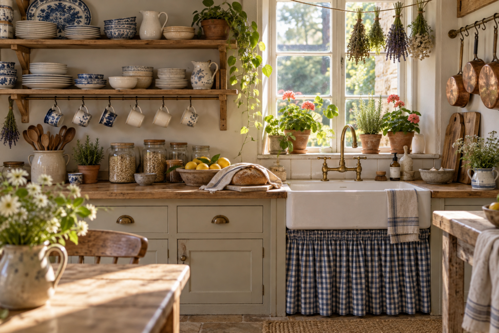 Cottage kitchen with open shelves of mismatched china, a skirted butler's sink, drying herbs and geraniums on the windowsill