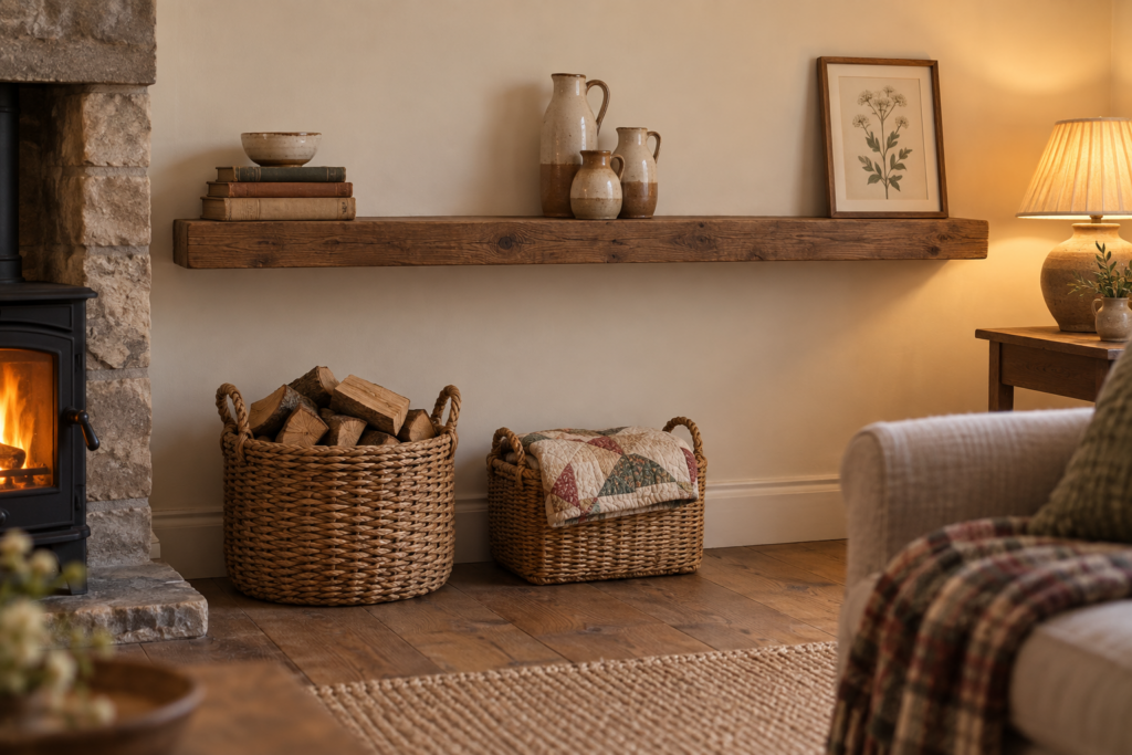 Cottage mantel styled with grouped books, jugs and a leaning botanical print, with baskets of firewood and a quilt below