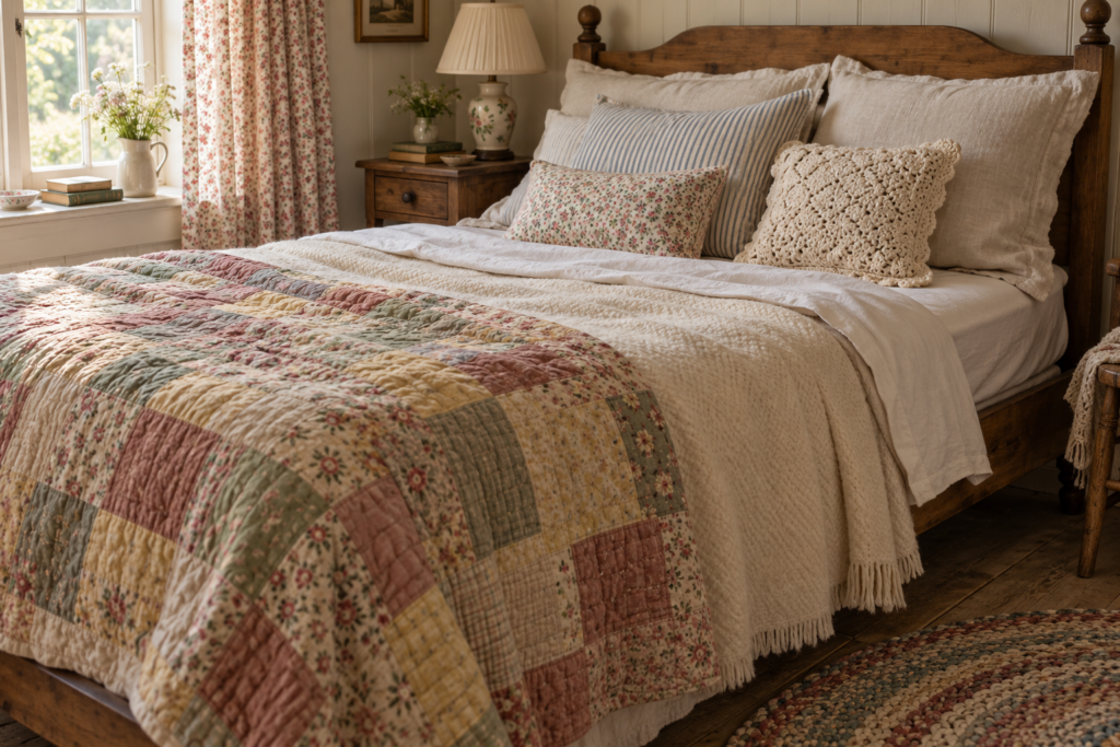 Cottage bed layered with a faded patchwork quilt, wool blanket and mixed floral, ticking and crochet pillows