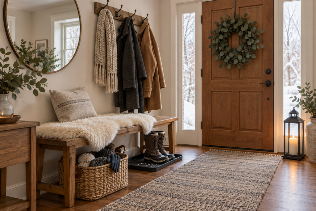 Cozy winter entryway with a sheepskin-covered bench, hanging coats, boot tray, basket, lantern, and eucalyptus wreath
