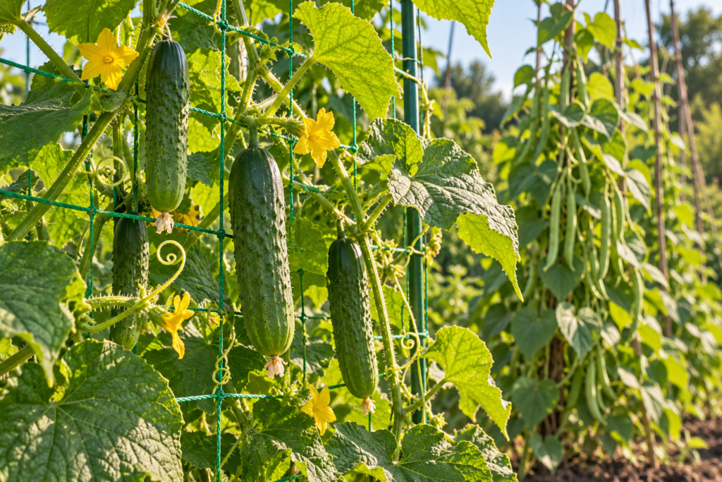 Cucumbers hanging from vines climbing garden netting with pole beans in the background