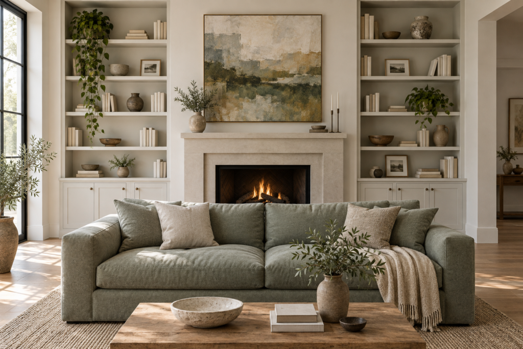 Living room with custom built-in shelves around a fireplace, a commissioned landscape painting, and a made-to-order sage