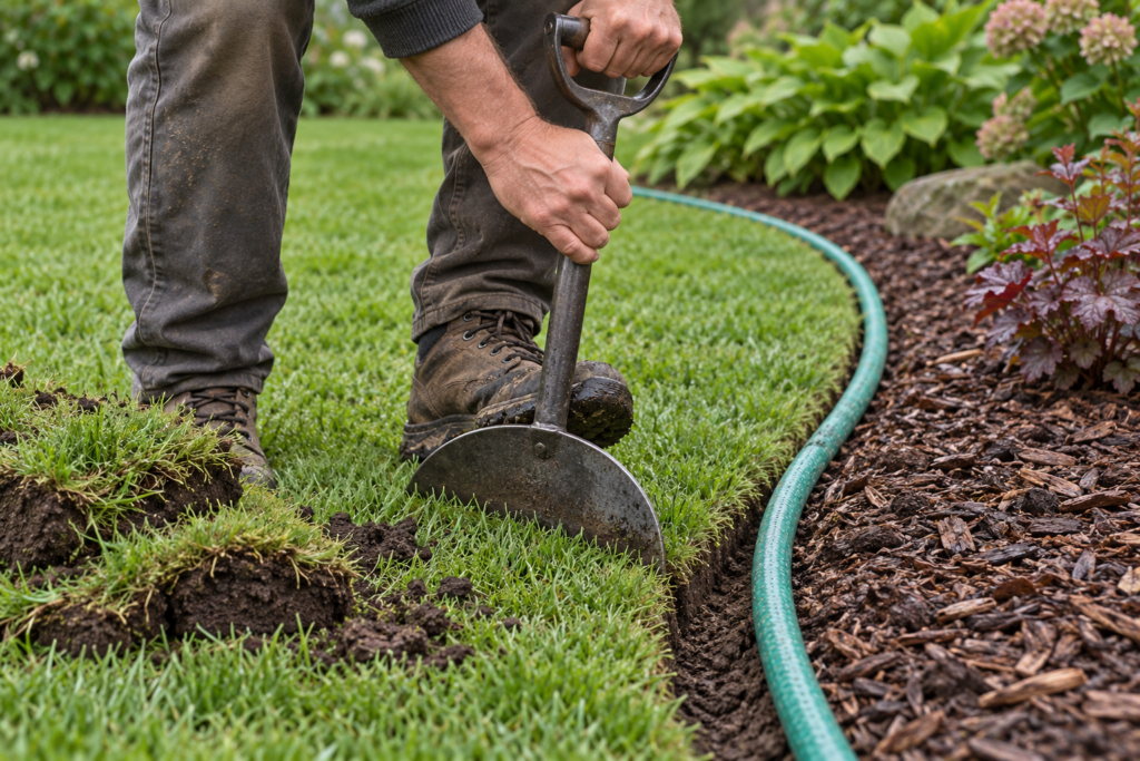Cutting a clean curved garden edge with a half-moon edging iron along a hose guide