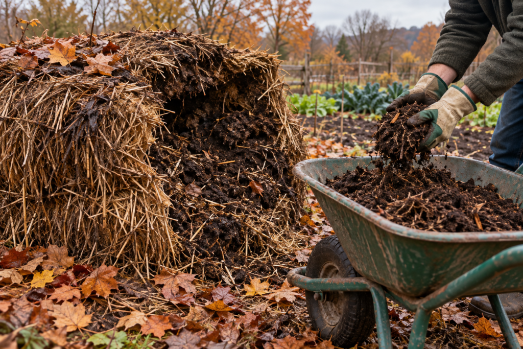 Decomposed straw bale broken open to reveal compost for spreading on garden beds in autumn