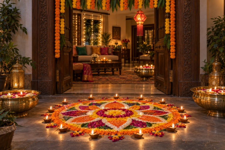 Diwali home entrance with a marigold toran, colorful flower rangoli surrounded by lit clay diyas, and a glowing festive living room