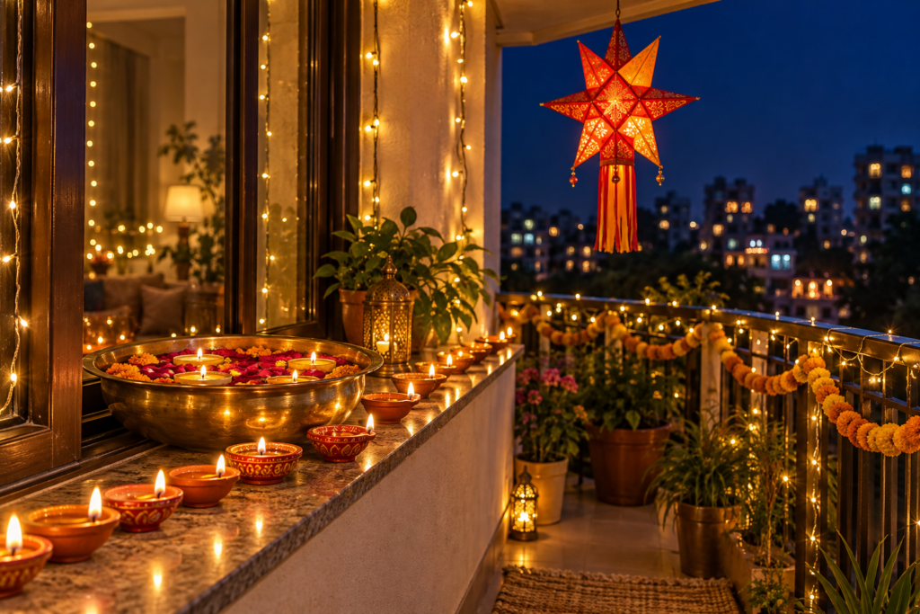 Diwali lighting with rows of painted clay diyas on a ledge, a star-shaped paper lantern, fairy lights, and a brass urli with floating candles