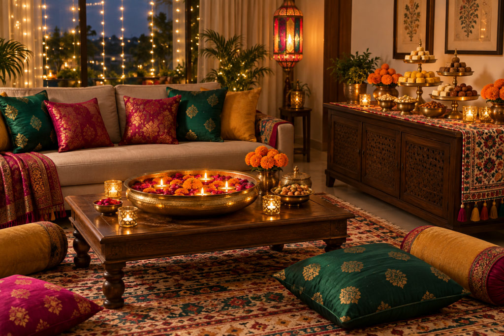 Diwali living room with silk cushions, a floral urli with candles, a festive sweets table with marigolds, and glowing lanterns