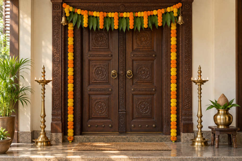 Wooden front door decorated with a mango leaf and marigold toran, hanging marigold garlands, brass lamp stands, and a kalash
