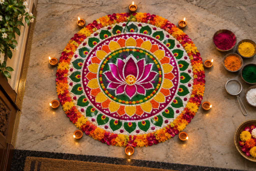 Colorful circular Diwali rangoli with a lotus center, powder and flower petal rings, and lit clay diyas around the edge