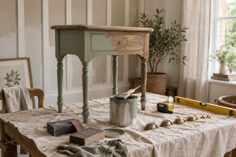 Half-painted side table with brushes, sanding blocks and brass handles in a bright DIY workspace