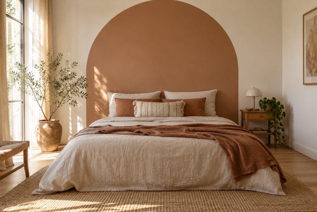 Painted arch feature wall in muted clay behind a bed with a bedside lamp and plant