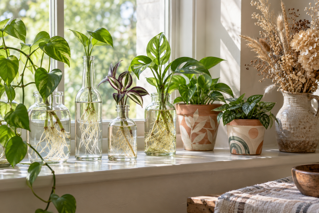 Plant cuttings rooting in glass bottles beside painted terracotta pots and dried flowers on a sunny windowsill