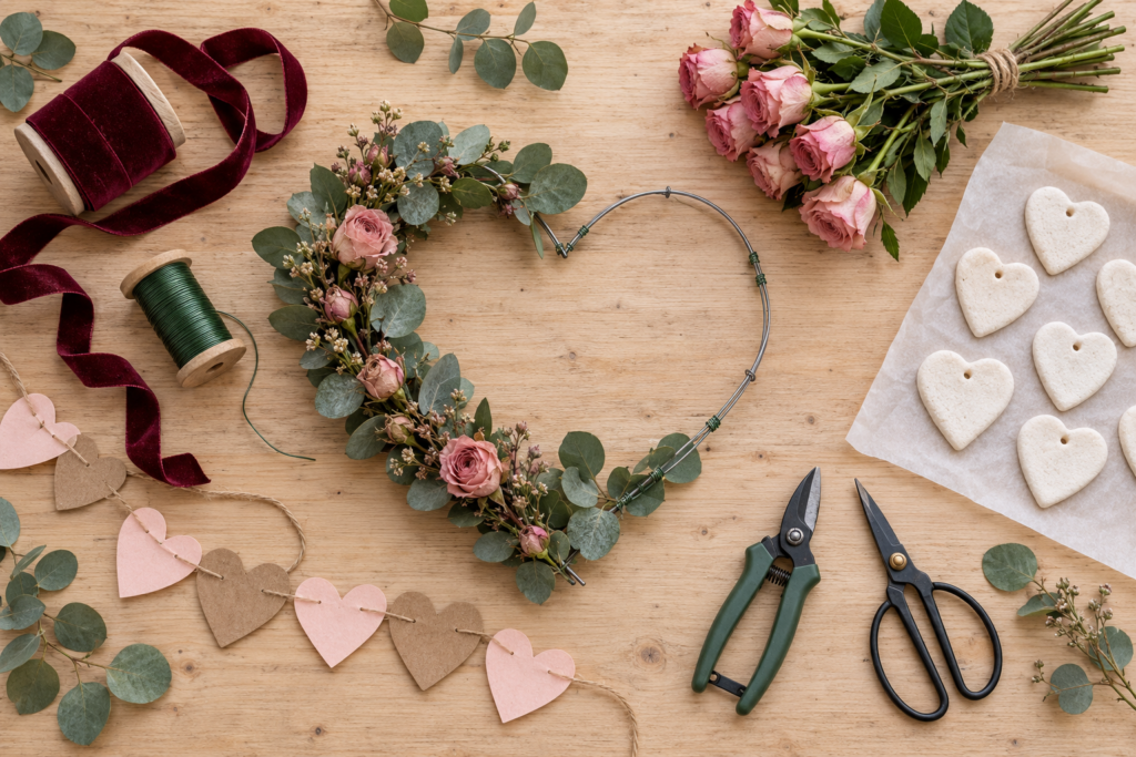 Craft table with a heart-shaped eucalyptus wreath in progress, paper heart garland, salt dough hearts, dried roses, and ribbon