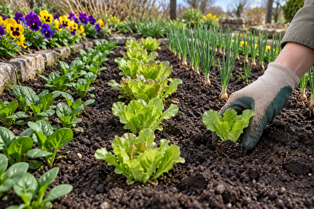Planting lettuce, spinach, and onion sets in early spring with a border of pansies