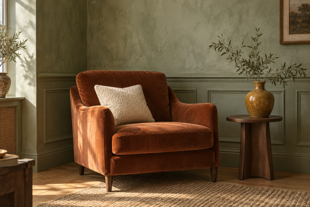 Living room corner with sage green limewash walls, matching panelling, terracotta armchair and ochre ceramic vase