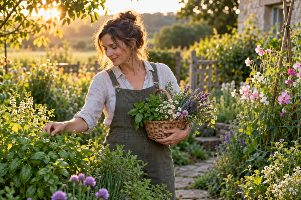 Person holding a basket of cut herbs and flowers while standing among green garden borders in evening light