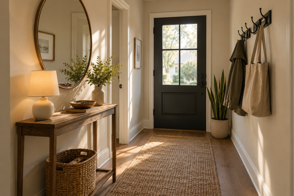 Narrow entryway with console table, round mirror, wall hooks and a woven runner
