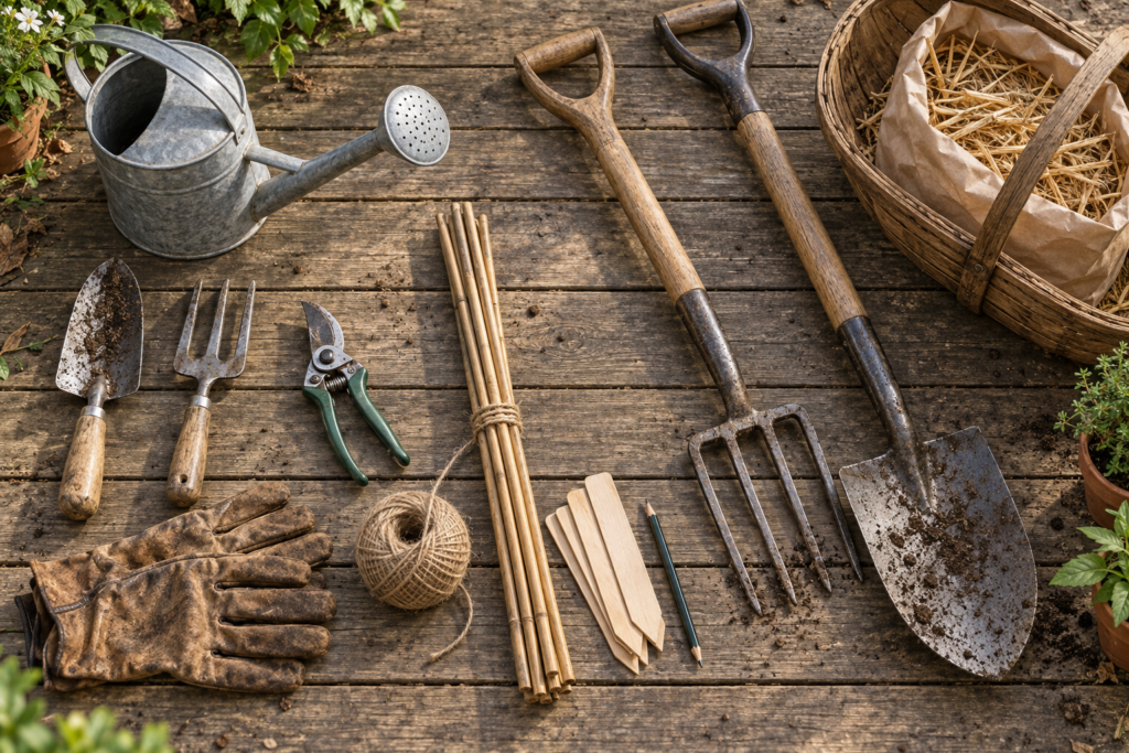 Essential beginner gardening tools laid out including a trowel, hand fork, secateurs, watering can, gloves and twine