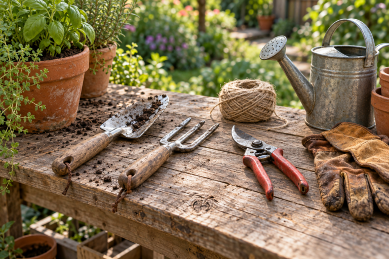 Hand trowel, hand fork, pruning shears, leather gloves, and a watering can arranged on a wooden potting bench