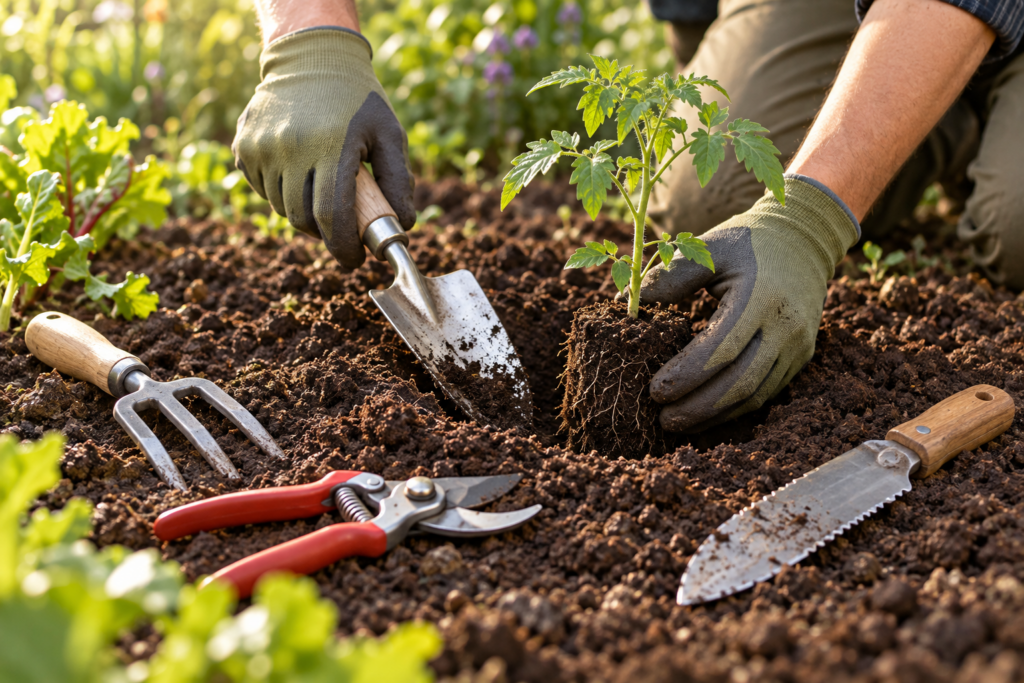 Gloved hands planting a seedling with a hand trowel beside a hand fork, secateurs, and a soil knife