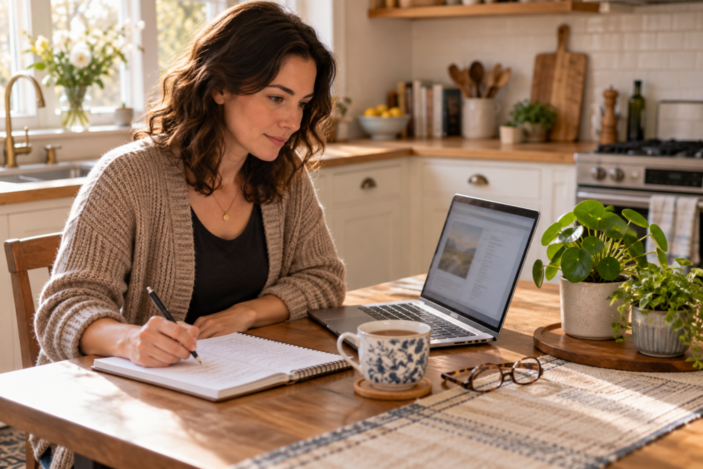 Person taking handwritten notes beside a laptop while researching gardening advice at a kitchen table