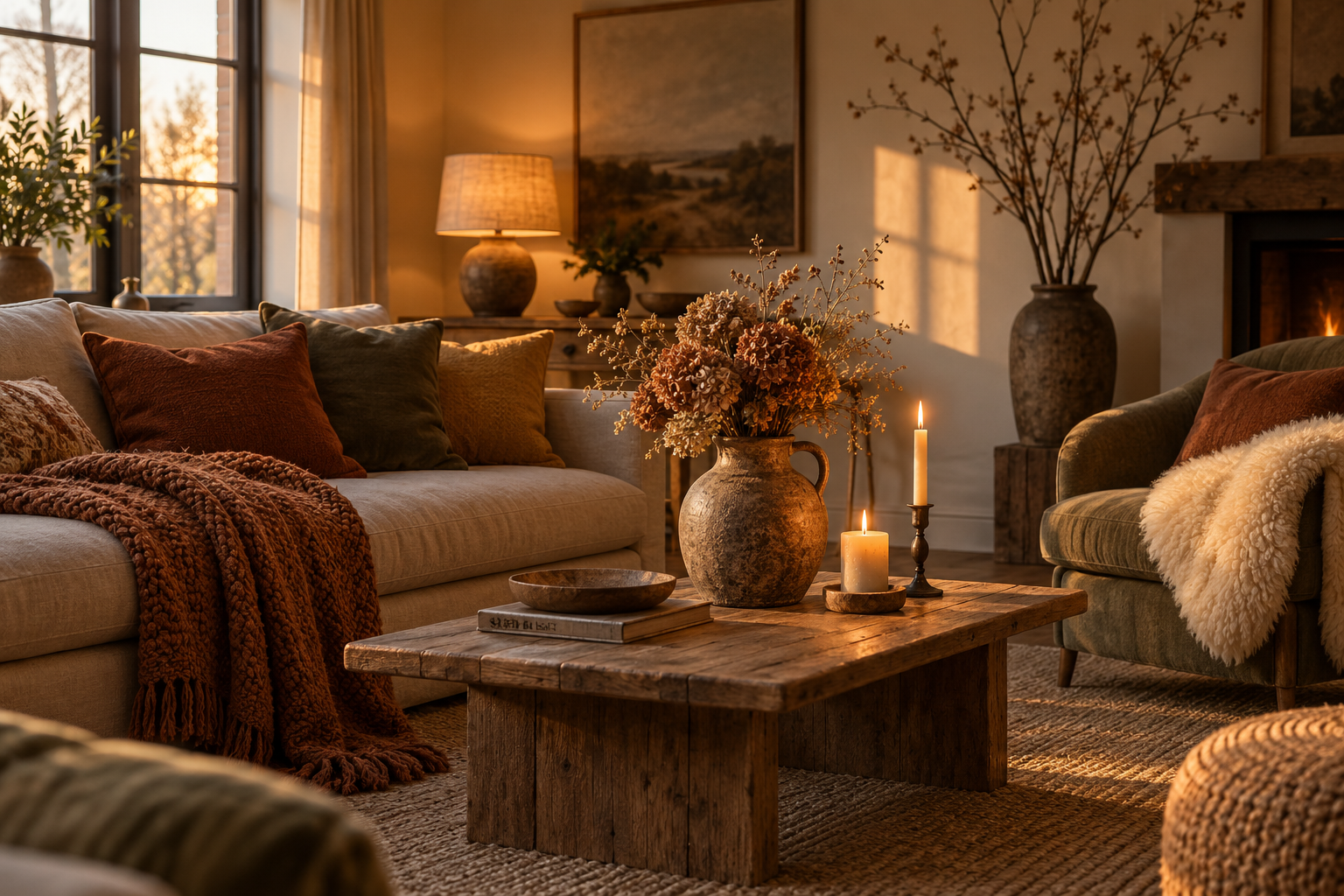 Cosy living room layered with wool throws, rust cushions, dried hydrangeas and lit candles in autumn light