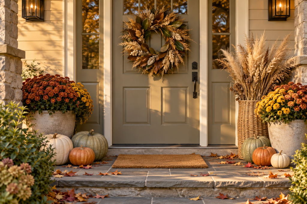 Fall front porch with heirloom pumpkins, potted mums, dried grasses, and a magnolia leaf wreath on the door