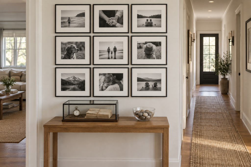 Hallway gallery wall of black and white family photos in matching frames above a console with heirloom keepsakes