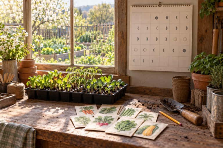 Potting bench with a moon phase planting calendar, seed packets, and a tray of seedlings beside a garden window