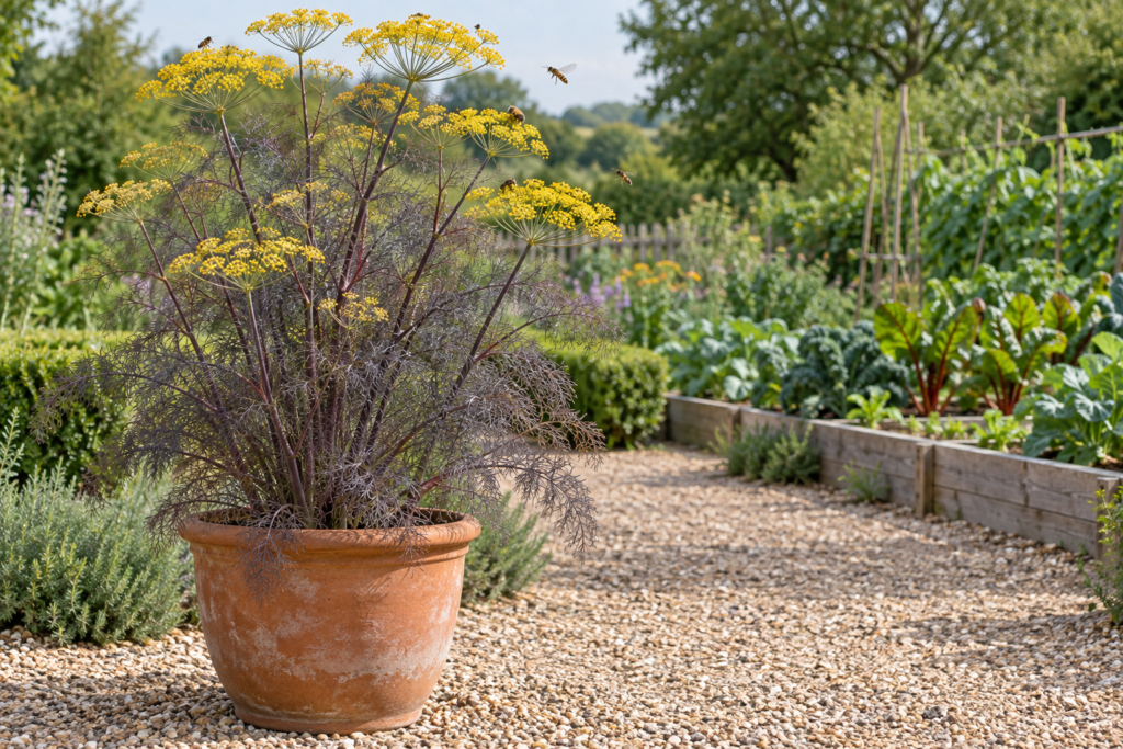 Fennel growing alone in a container at the edge of a vegetable garden, kept apart from other crops