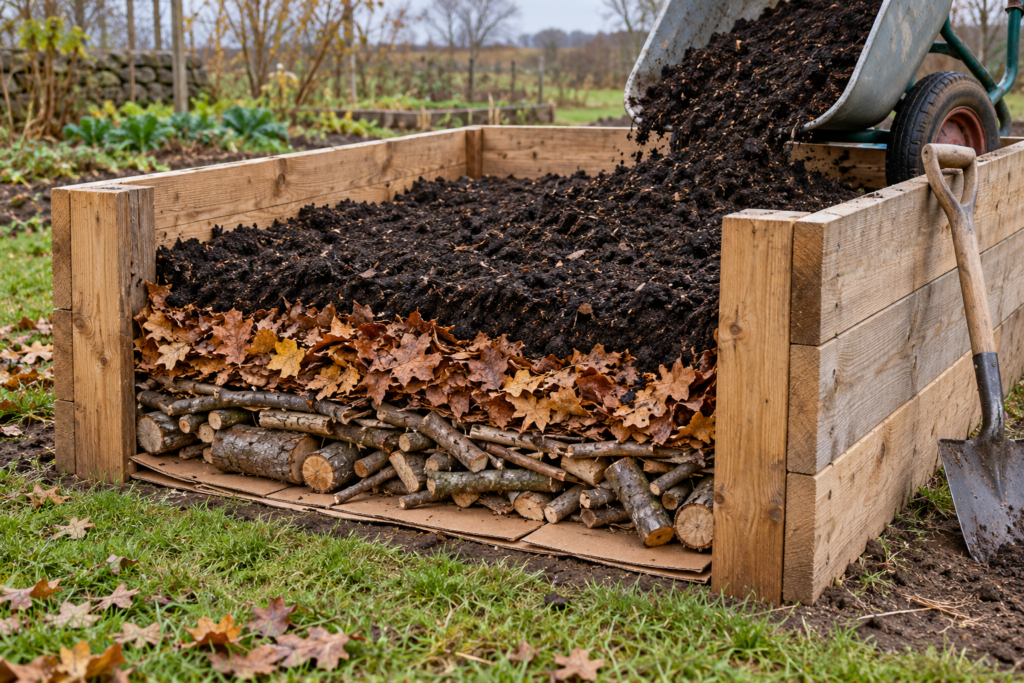 Raised bed being filled with layers of cardboard, branches, leaves, and compost-rich soil