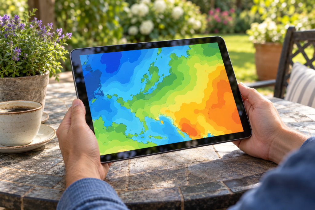 Looking up a hardiness zone on a colorful interactive map on a tablet at a patio table