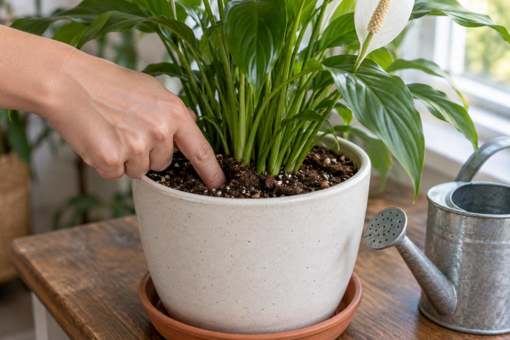 Checking soil moisture with a finger before watering a potted peace lily