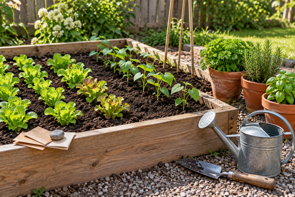 A single small raised bed of seedlings with herb pots, a watering can, and a trowel set up for a first season