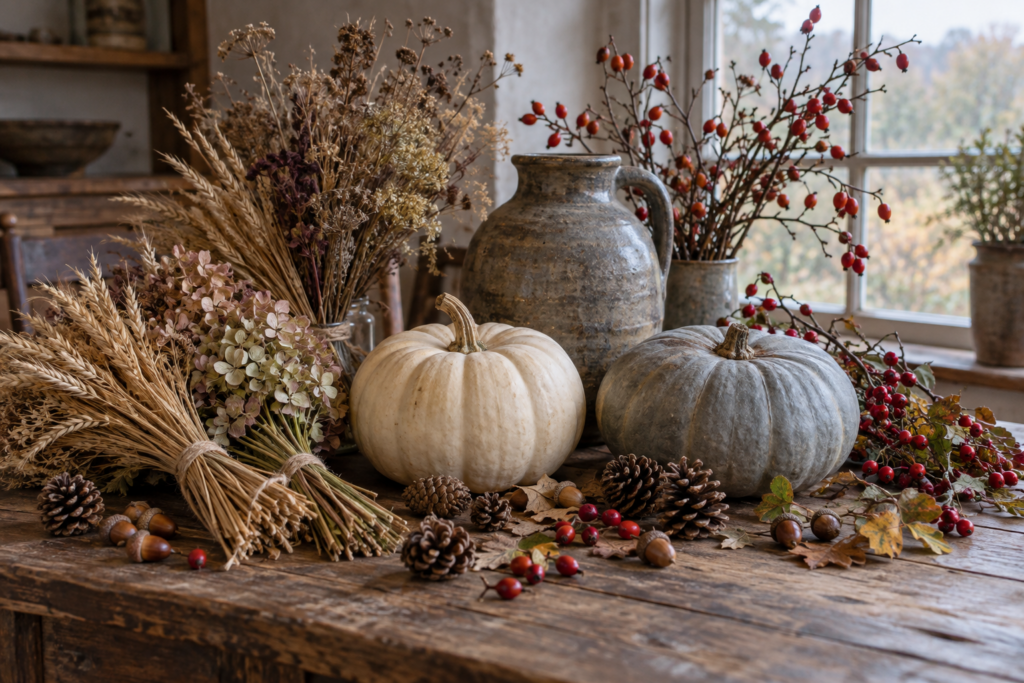 Foraged autumn materials including dried grasses, hydrangeas, rosehips, pine cones and heirloom pumpkins
