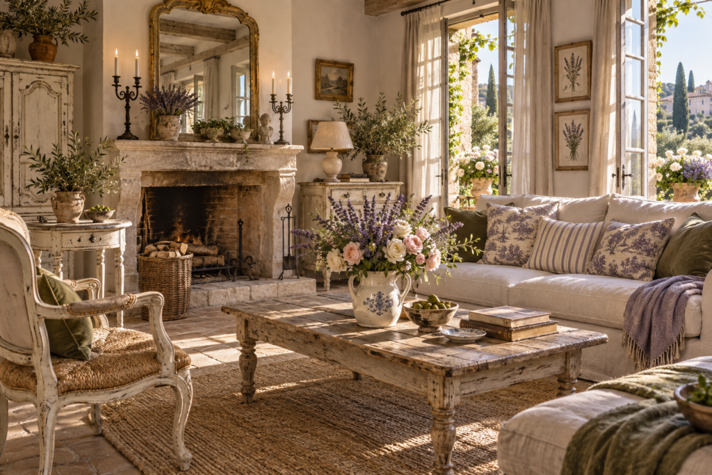 French country decor style living room with distressed painted furniture, toile cushions and gilt mirror