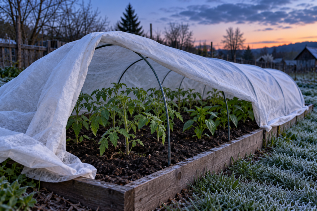 Young tomato and pepper transplants protected with frost cloth on a cold spring evening
