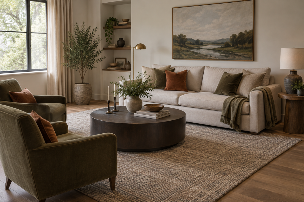 Living room seating arranged around a large rug with art hung at eye level