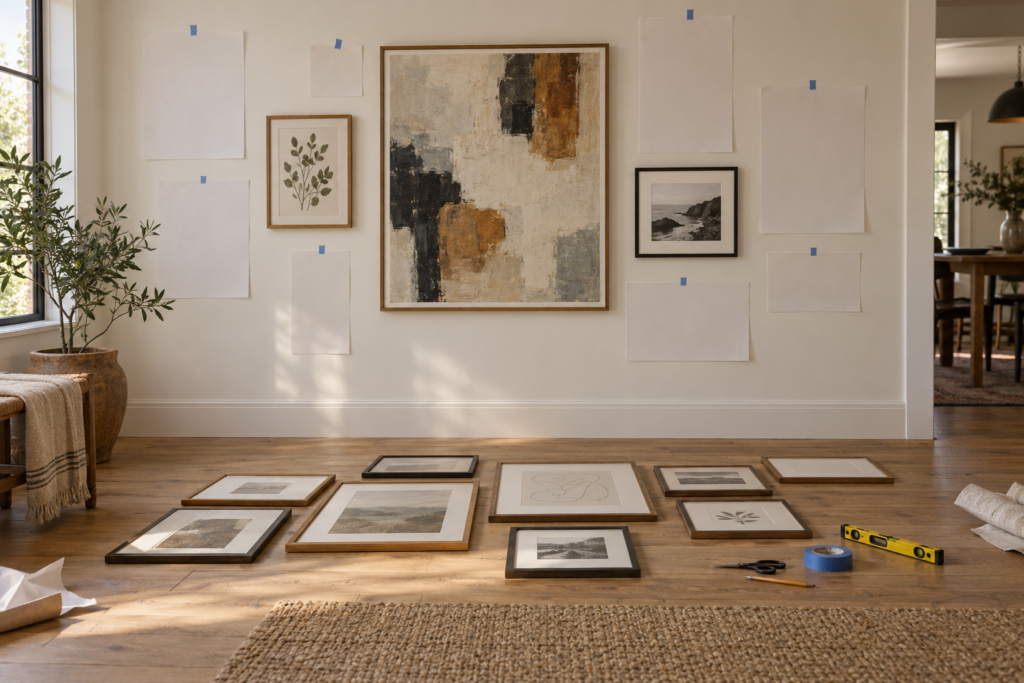 Gallery wall being planned with paper templates taped to the wall and remaining frames laid out on the floor