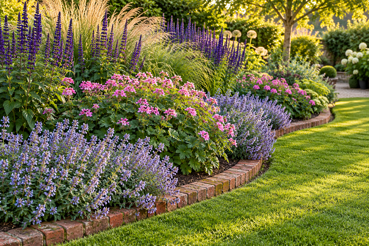 Curved flower border with a brick edging strip along a lawn, layered with salvia, grasses, geraniums, and catmint