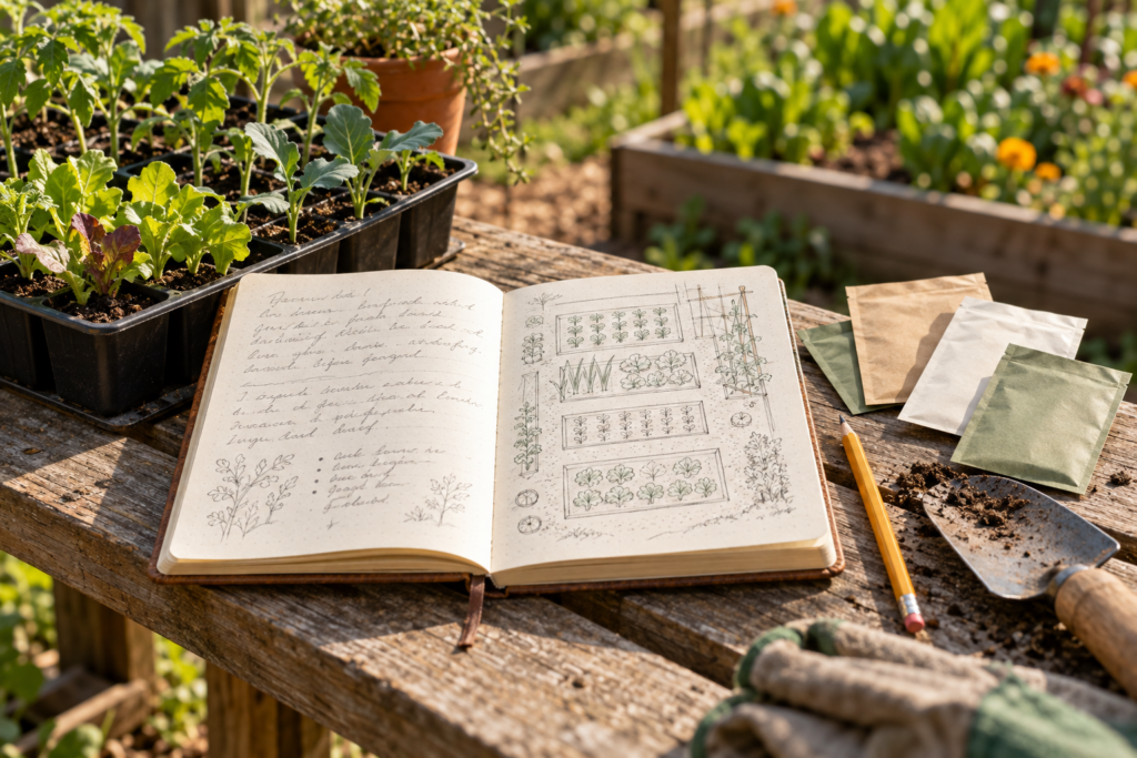 Open garden journal with handwritten notes and a bed sketch beside seedlings and a trowel on a bench