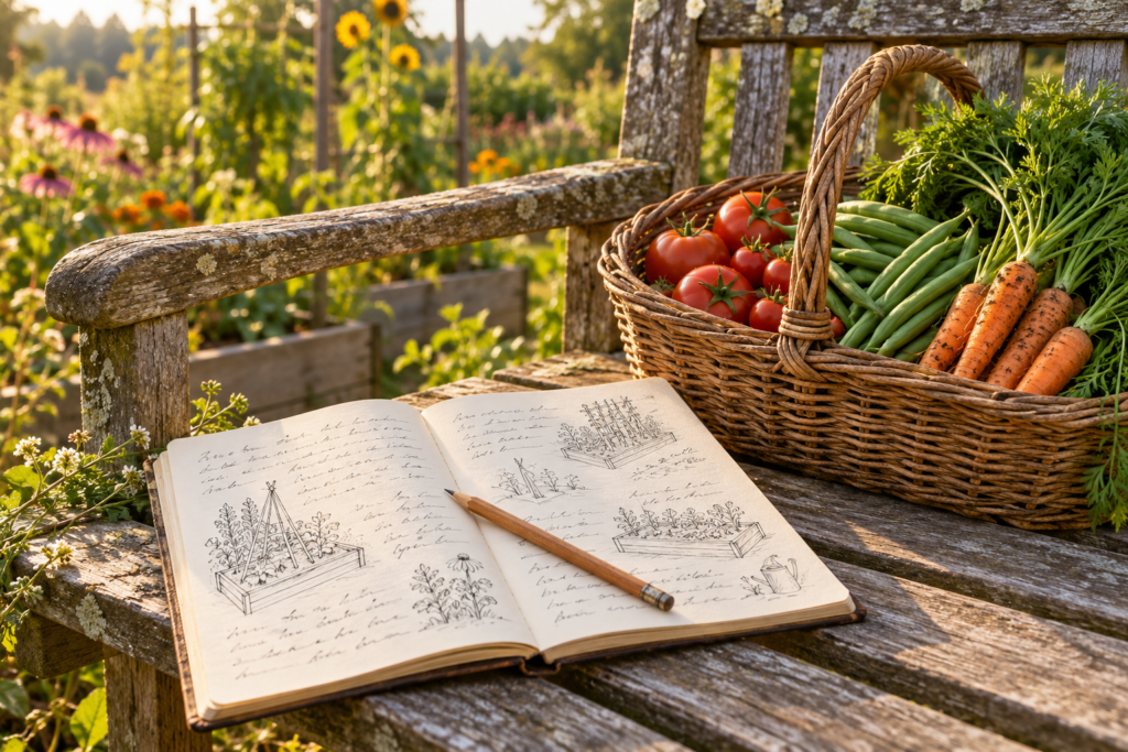 Garden journal used to record planting and harvest dates beside a basket of fresh vegetables