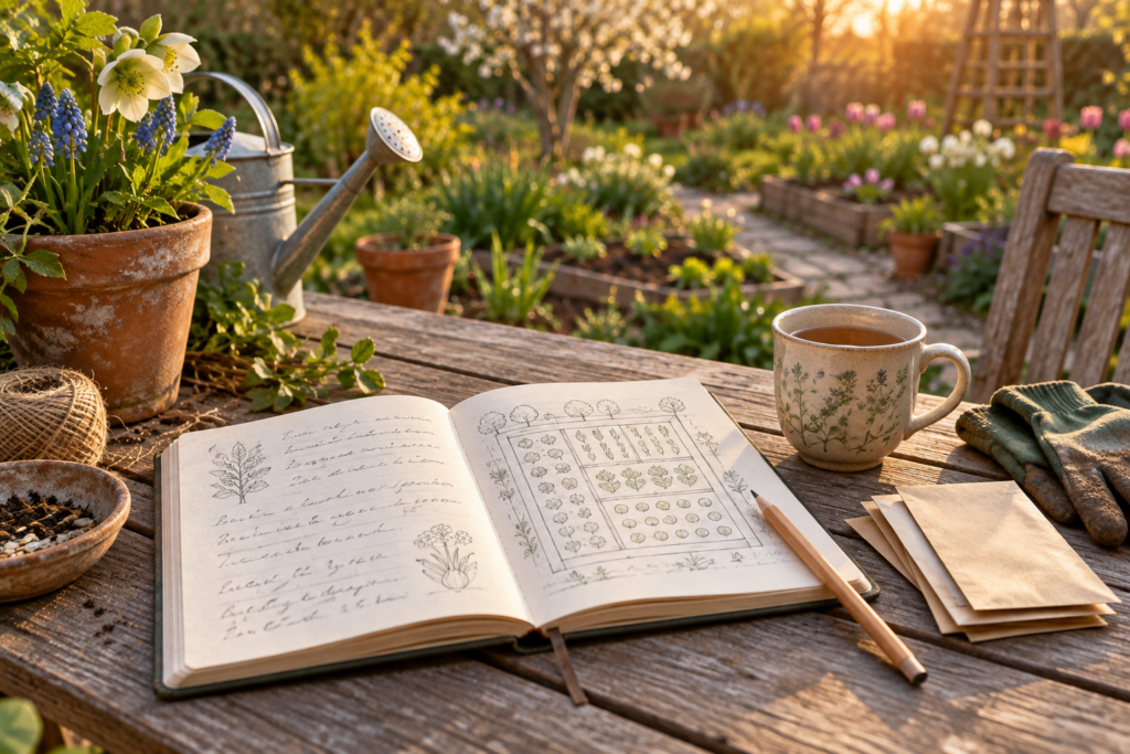 Open garden journal with handwritten notes and a bed plan beside a pencil, tea and seed envelopes on a garden table